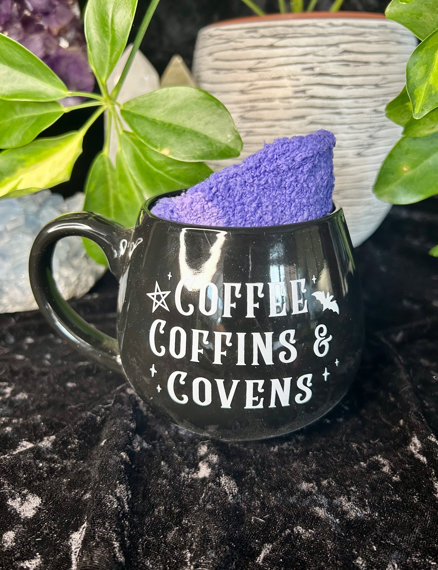 Coffee, Coffins & Covens mug and socks gift set