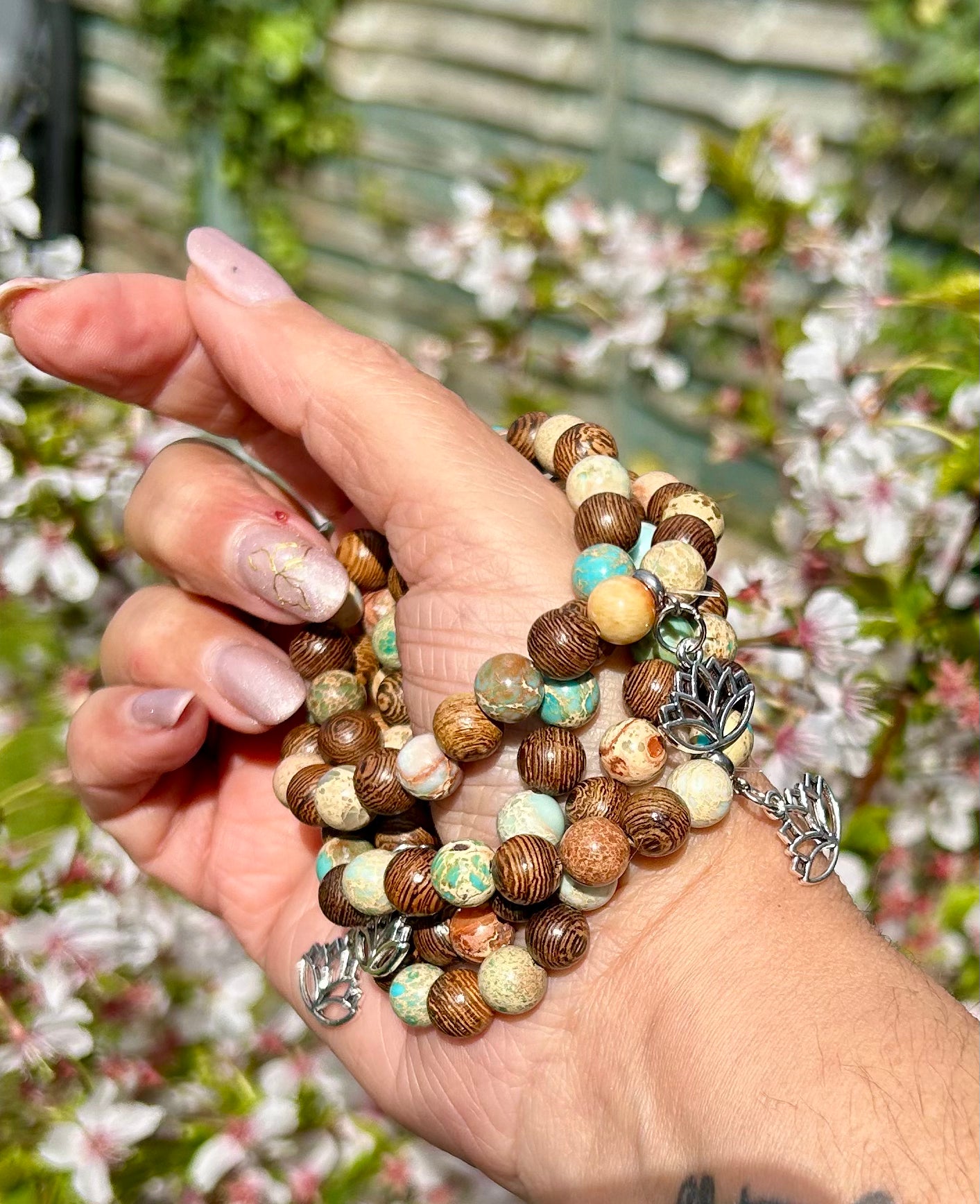 Blue Imperial Jasper and natural wood bead bracelets