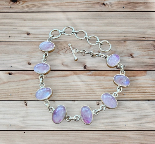 Pink moonstone solid silver bracelet