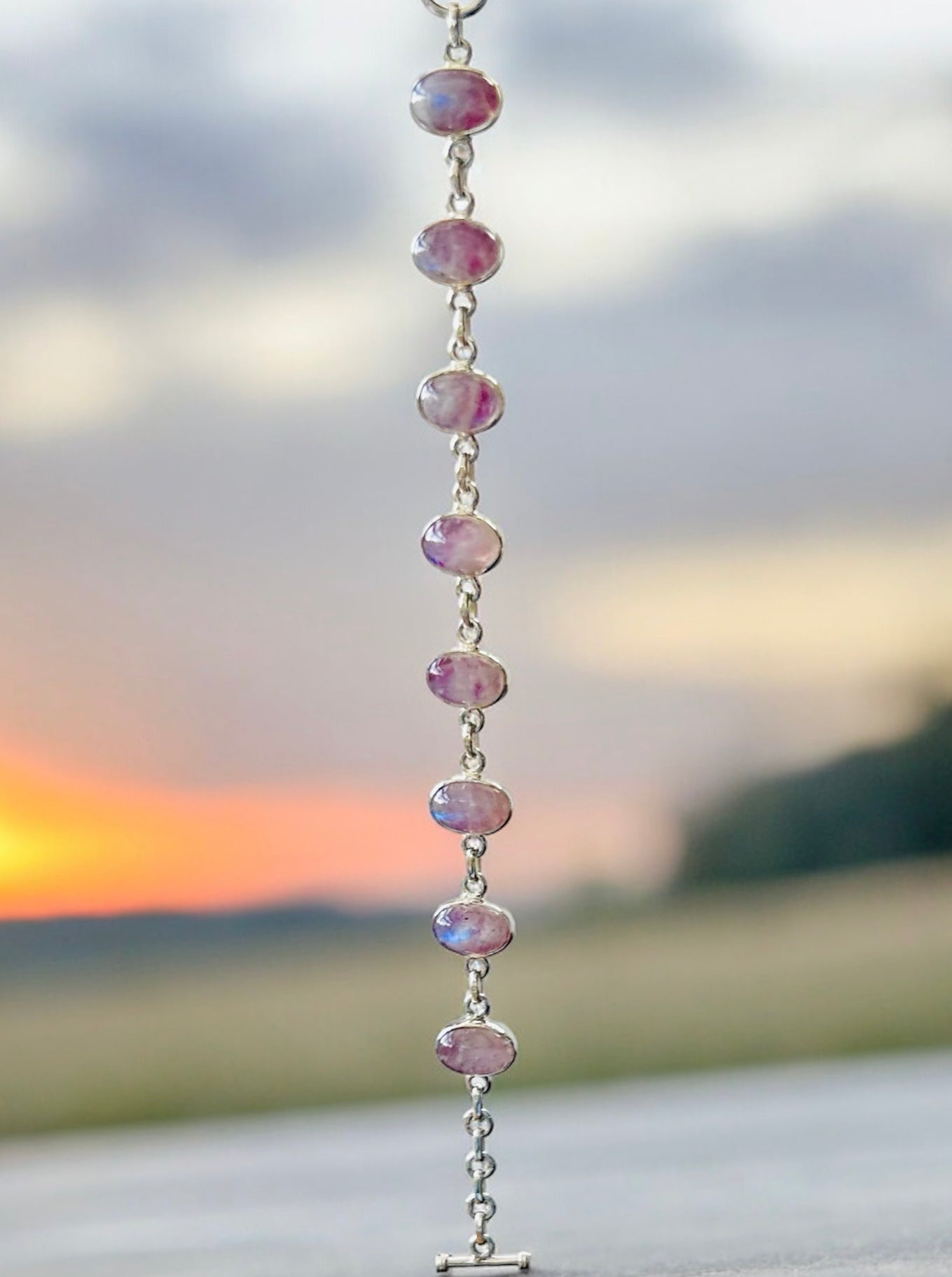 Pink moonstone solid silver bracelet
