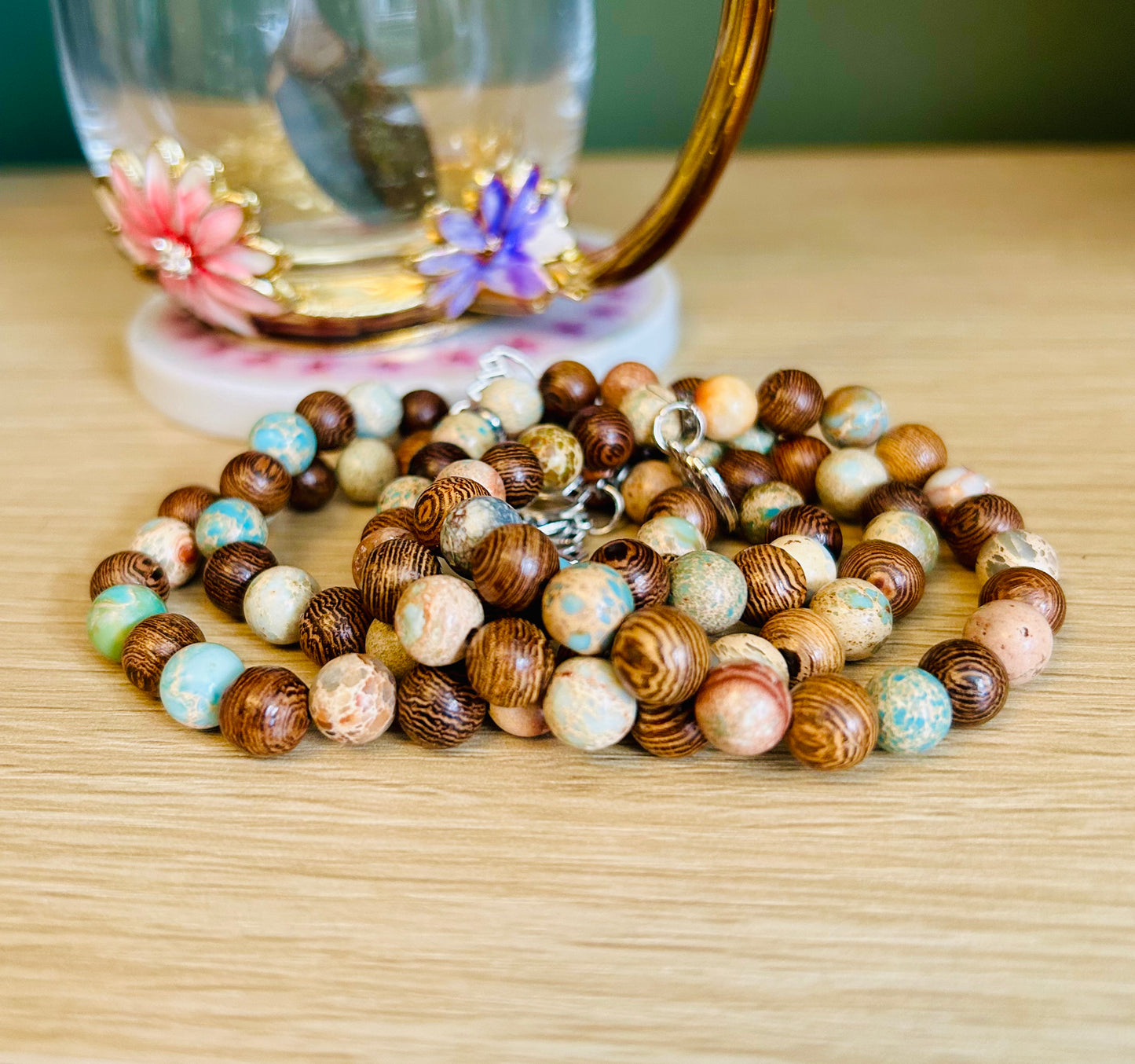 Blue Imperial Jasper and natural wood bead bracelets