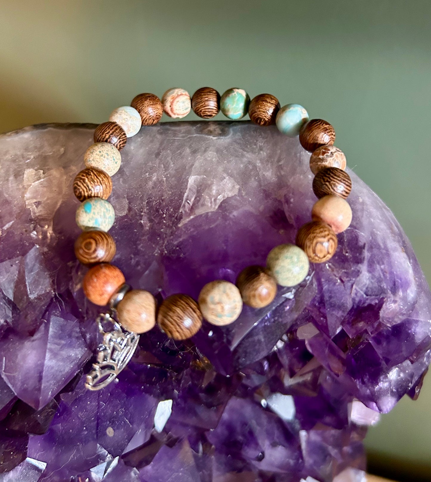 Blue Imperial Jasper and natural wood bead bracelets
