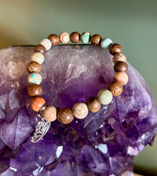Blue Imperial Jasper and natural wood bead bracelets